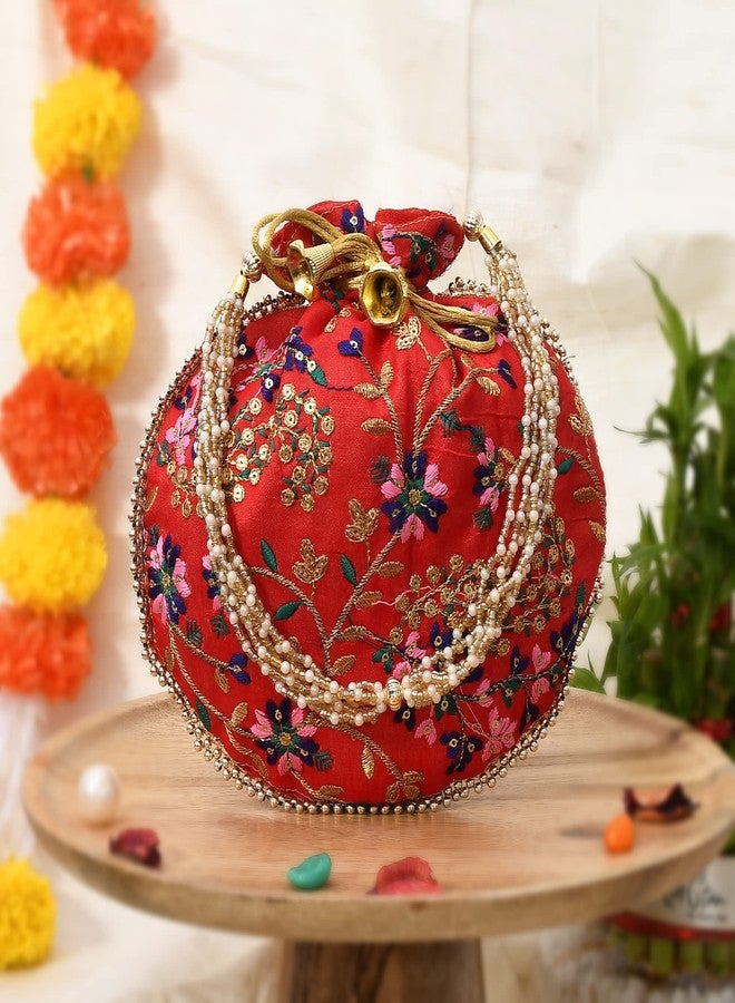 STLYZ Traditional Embroidered Potli Bag For Women, Handmade Pure Silk Potli Handbag Wristlets Ethnic Bridal Potli Batwa Bag For Ladies Wedding Return Gifts - Image 3